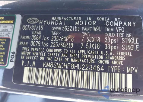 2017 Hyundai Santa Fe Se из США, поврежденный, VIN KM8SMDHF8HU223464